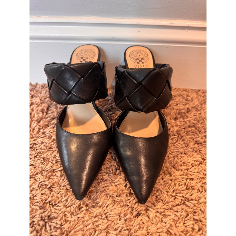 Vince Camuto Women's 8 Black Leather Woven Strap Pointed Toe Mule Heels